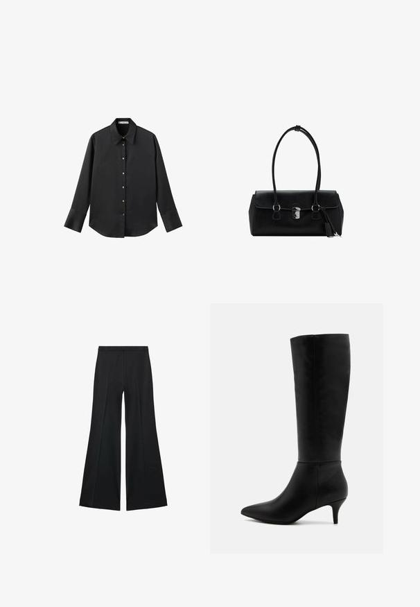 Čierna dlhá rukávová košeľa z hladkého materiálu, s klasickým golierom, predným zapínaním na gombíky so zlatými gombíkmi a širokými manžetami.; Čierne široké nohavice s hladkou textúrou, s prednými záhybmi a elegantným strihom. Materiál je ľahký a pruhlý.; Anna Field Čižmy - black; Čierna kožená kabelka s hladkou textúrou, štruktúrovaným dizajnom, dvojitými uchami a strieborným detailom na zapínaní v strede.