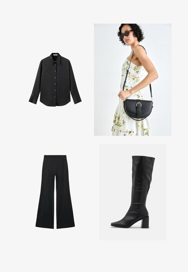 Cămașă neagră cu mâneci lungi dintr-un material neted, având un guler clasic, închidere frontală cu butoane aurii și manșete late.; Pantaloni negri cu croială largă, având o textură netedă, cu pliseuri frontale și un design croit. Materialul este ușor și fluid.; RAID BLICK - Cizme - black; Geantă din piele neagră, cu o formă curbată, curea detașabilă și accesorii aurii. Geanta are un capac cu un detaliu tip cataramă.