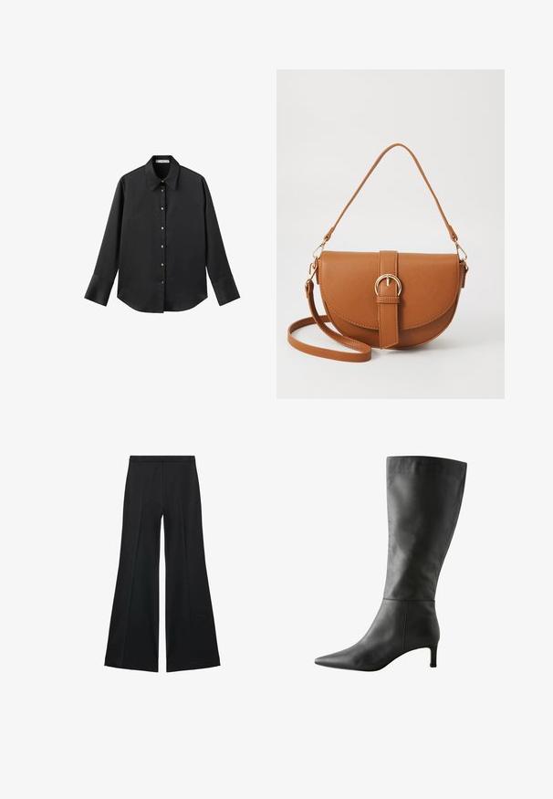 Čierna dlhá rukávová košeľa z hladkého materiálu, s klasickým golierom, predným zapínaním na gombíky so zlatými gombíkmi a širokými manžetami.; Čierne široké nohavice s hladkou textúrou, s prednými záhybmi a elegantným strihom. Materiál je ľahký a pruhlý.; Čierna kožená čižma po kolená s špicatou špičkou, hladkým povrchom a nízkym, stabilným podpätkom. Má štíhly, priliehavý dizajn.; Hnedá kožená kabelka cez telo s zakriveným tvarom, zlatými kovovými doplnkami a akcentom s prackou. Obsahuje odnímateľný ramenný popruh.
