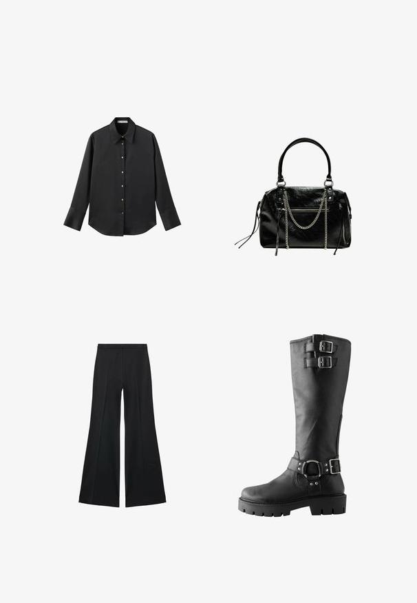 Černá dlouhá rukávová košile z hladkého materiálu, s klasickým límečkem, předním zapínáním na knoflíky ve zlatém tónu a širokými manžetami.; Černé kalhoty s širokými nohavicemi a hladkou texturou, s předními sklady a přizpůsobeným střihem. Materiál je lehký a splývavý.; Next Kozačky na platformě - mottled black; Bershka WITH CHAIN - Kabelka - black
