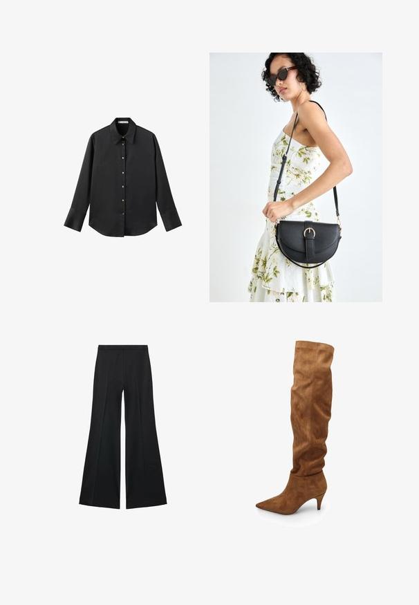 Črna majica z dolgimi rokavi iz gladkega materiala, z klasičnim ovratnikom, sprednjim zapiranjem na gumbe z zlatimi gumbi in širokimi manšetami.; Črne široke hlače z gladko teksturo, ki imajo sprednje nabore in kroj po meri. Tkanina je lahka in zračna.; Visoki rjavi semiš škornji s sproščenim dizajnom, koničastim nosom in nizkim peto. Imajo gladko teksturo in minimalistični slog.; Črna usnjena torbica s ukrivljeno obliko, z odstranljivo naramnico in zlatimi dodatki. Torbica ima pokrov s podrobnostmi v obliki zaponke.