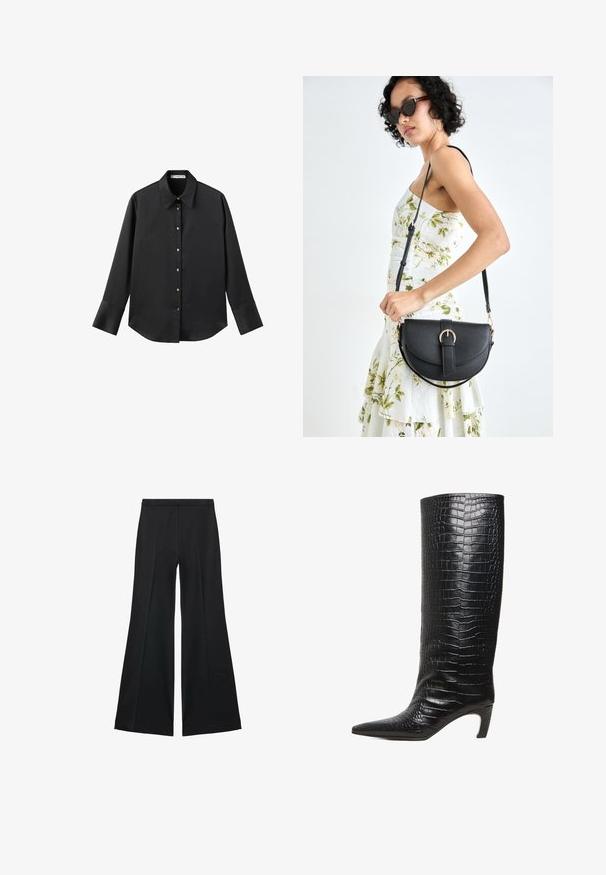 Černá dlouhá rukávová košile z hladkého materiálu, s klasickým límečkem, předním zapínáním na knoflíky ve zlatém tónu a širokými manžetami.; Černé kalhoty s širokými nohavicemi a hladkou texturou, s předními sklady a přizpůsobeným střihem. Materiál je lehký a splývavý.; Černá vysoká kožená bota po kolena s špičatou špičkou, středně vysokým zakřiveným podpatkem a lesklou strukturou krokodýlí kůže.; Černá kožená kabelka s křivkovým tvarem, odnímatelným popruhem a zlatými detaily. Kabelka má klopu s přezkou.