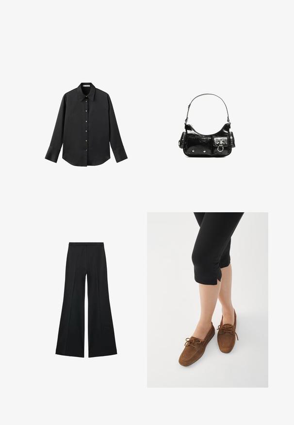 Čierna dlhá rukávová košeľa z hladkého materiálu, s klasickým golierom, predným zapínaním na gombíky so zlatými gombíkmi a širokými manžetami.; Čierne široké nohavice s hladkou textúrou, s prednými záhybmi a elegantným strihom. Materiál je ľahký a pruhlý.; Hnedé semišové poltopánky s okrúhlou špičkou, akcentmi šnurovania a nízkym profilom. Nosené s čiernymi skrátenými legínami na bielom pozadí.; Čierna laková kožená kabelka s ohnutým tvarom, jedným ramenným popruhom, prednými vreckami a striebornými kovovými doplnkami.