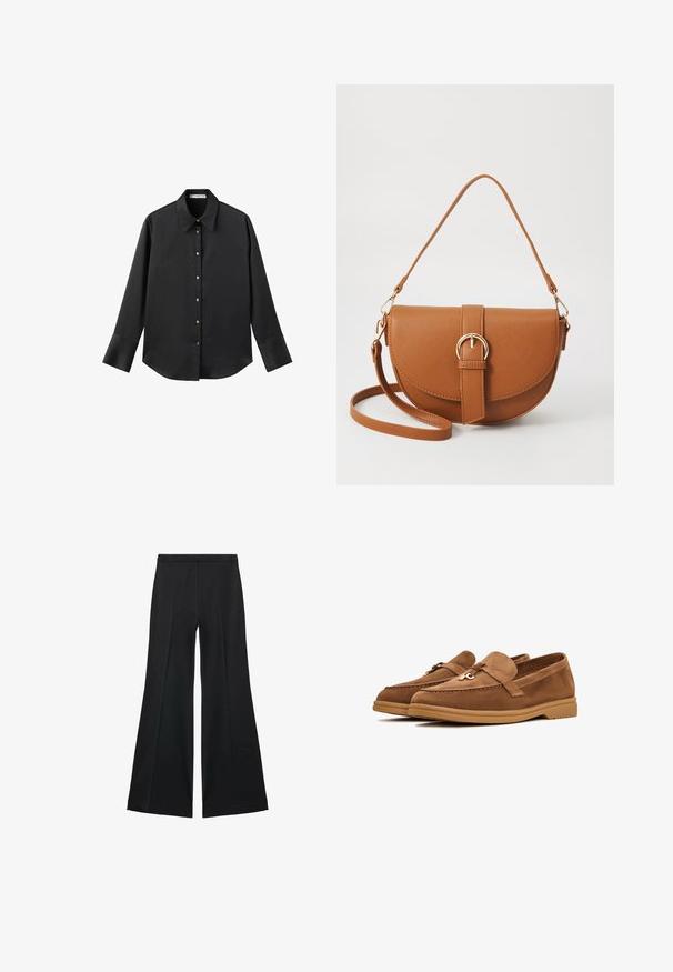 Schwarz langärmliges Hemd aus glattem Stoff, mit klassischem Kragen, frontaler Knopfleiste mit goldfarbenen Knöpfen und breiten Manschetten.; Schwarze weit geschnittene Hose mit glatter Textur, ausgestattet mit Frontfalten und einem taillierten Design. Der Stoff ist leicht und fließend.; Braune Wildlederslipper mit flacher Sohle, ausgestattet mit einer dekorativen Schleife und subtilen Stickdetails. Rundliche Zehenform.; Braune Leder-Crossbody-Tasche mit geschwungener Form, goldfarbenen Beschlägen und einer Schnallenakzentuierung. Verfügt über einen abnehmbaren Schultergurt.