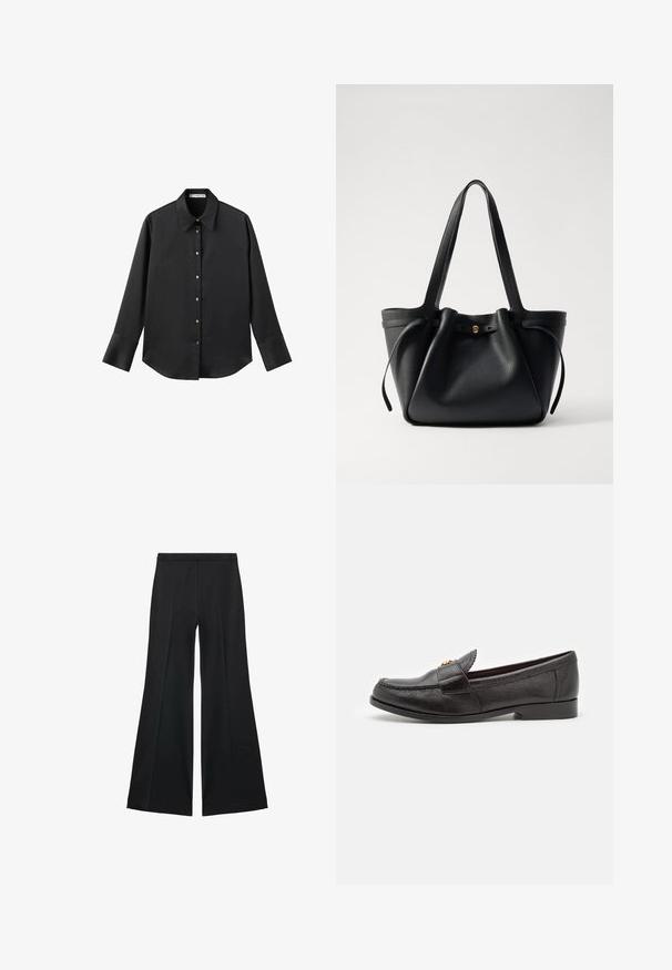 Schwarz langärmliges Hemd aus glattem Stoff, mit klassischem Kragen, frontaler Knopfleiste mit goldfarbenen Knöpfen und breiten Manschetten.; Schwarze weit geschnittene Hose mit glatter Textur, ausgestattet mit Frontfalten und einem taillierten Design. Der Stoff ist leicht und fließend.; Schwarzer Lederloafer mit strukturierter Oberfläche, runder Zehenpartie und dekorativer Steppnaht. Verfügt über einen flachen Absatz und ein schlupfbares Design.; Schwarze Leder-Tote mit zwei langen Tragegriffen, einem gerafften oberen Teil und einem goldenen runden Akzent. Glatte Textur mit minimalistischem Design.