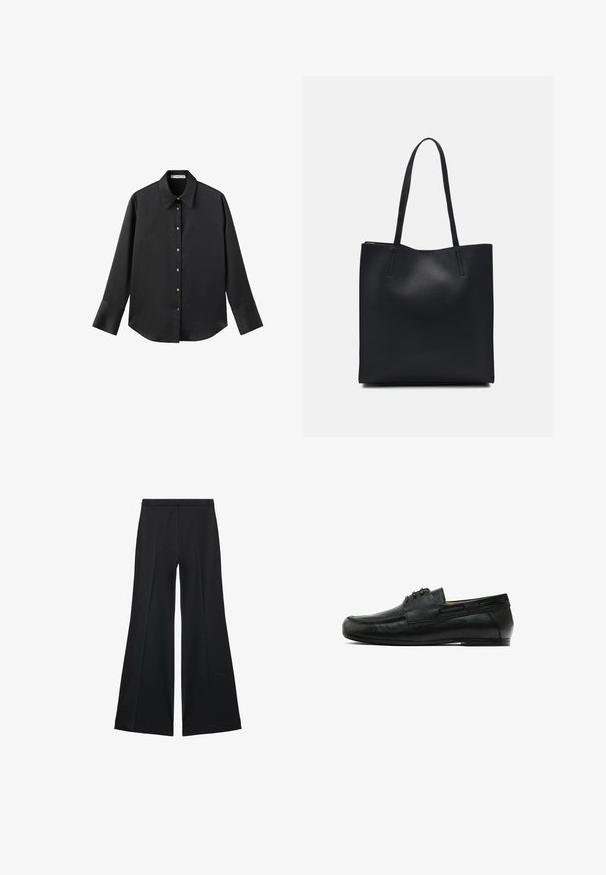 Černá dlouhá rukávová košile z hladkého materiálu, s klasickým límečkem, předním zapínáním na knoflíky ve zlatém tónu a širokými manžetami.; Černé kalhoty s širokými nohavicemi a hladkou texturou, s předními sklady a přizpůsobeným střihem. Materiál je lehký a splývavý.; Černé kožené mokasíny se zaoblenou špičkou, dekorativním švem na přední straně a dvěma bočními akcenty. Hladký povrch s nízkým, pevným podpatkem.; Černá kožená taška přes rameno s hladkým povrchem, obdélníkovým tvarem a dvěma dlouhými uchy. Žádné viditelné kování ani ozdoby.