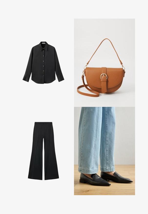 Schwarz langärmliges Hemd aus glattem Stoff, mit klassischem Kragen, frontaler Knopfleiste mit goldfarbenen Knöpfen und breiten Manschetten.; Schwarze weit geschnittene Hose mit glatter Textur, ausgestattet mit Frontfalten und einem taillierten Design. Der Stoff ist leicht und fließend.; Schwarze Lederschuhe mit spitzem Zehenbereich und Schlupfdesign, kombiniert mit hellblauen weit geschnittenen Jeans, auf einem Holzboden.; Braune Leder-Crossbody-Tasche mit geschwungener Form, goldfarbenen Beschlägen und einer Schnallenakzentuierung. Verfügt über einen abnehmbaren Schultergurt.