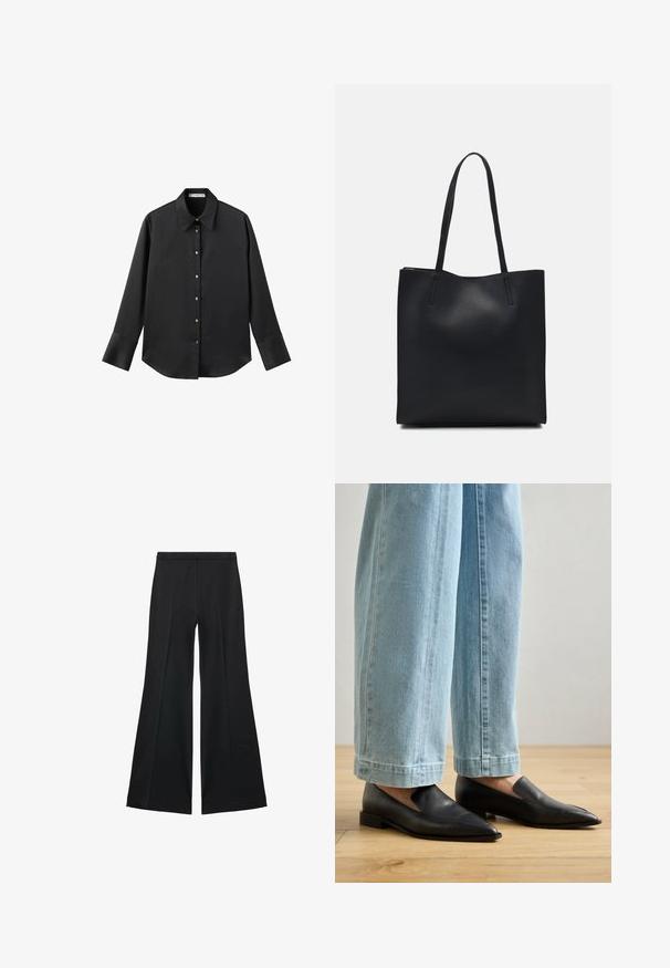 Črna majica z dolgimi rokavi iz gladkega materiala, z klasičnim ovratnikom, sprednjim zapiranjem na gumbe z zlatimi gumbi in širokimi manšetami.; Črne široke hlače z gladko teksturo, ki imajo sprednje nabore in kroj po meri. Tkanina je lahka in zračna.; Črne usnjene čevlje s koničastim nosom in enostavnim obuvanjem, v kombinaciji s svetlo modrimi širokimi hlačami, na lesenem tleh.; Črna usnjena torba s svilnato teksturo, pravokotne oblike in dvema dolgima ročajema. Brez vidnih metalnih delov ali okrasnih elementov.