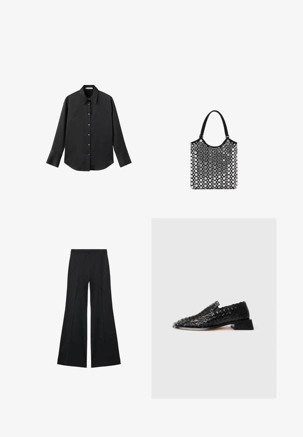 Zwarte lange mouwen shirt van gladde stof, met een klassieke kraag, een sluiting met knopen aan de voorkant met gouden knopen en brede manchetten.; Zwarte wijde-pijpen broek met een gladde textuur, gekenmerkt door voorplooien en een op maat gemaakte uitstraling. De stof is lichtgewicht en vloeiend.; Zwarte leren geweven instapschoen met lage blokhak en geschulpte randafwerking, weergegeven op een witte achtergrond.; Zwart-witte tote bag met een ronde bovenkant, voorzien van een bubbels patroon, gemaakt van glad materiaal en uitgerust met twee stevige stoffen handvatten.
