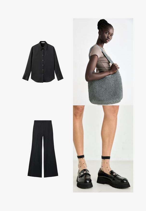Čierna dlhá rukávová košeľa z hladkého materiálu, s klasickým golierom, predným zapínaním na gombíky so zlatými gombíkmi a širokými manžetami.; Čierne široké nohavice s hladkou textúrou, s prednými záhybmi a elegantným strihom. Materiál je ľahký a pruhlý.; Čierne lakované kožené loafery s mohutnou podrážkou, zdobené striebornými prvkami. V kombinácii s priesvitnými ponožkami s bodkami po členky.; Sivá háčkovaná taška s textúrovaným povrchom a širokým plochým popruhom, držaná proti béžovému topu, s priestranným a štruktúrovaným dizajnom.