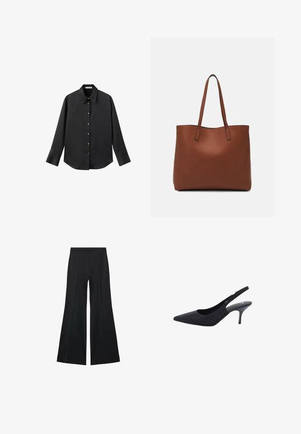Black long-sleeve shirt in smooth fabric, featuring a classic collar, front button closure with gold-tone buttons, and wide cuffs.; Black wide-leg pants with a smooth texture, featuring front pleats and a tailored design. The fabric is lightweight and flowy.; Black slingback kitten heel with pointed toe and small black studs covering the upper material.; Brown leather tote bag with a smooth texture, open top design, and two shoulder straps. Features minimal stitching and no visible hardware.