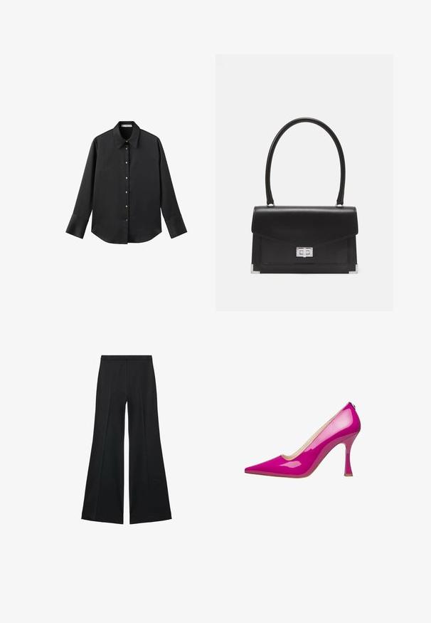 Black long-sleeve shirt in smooth fabric, featuring a classic collar, front button closure with gold-tone buttons, and wide cuffs.; Black wide-leg pants with a smooth texture, featuring front pleats and a tailored design. The fabric is lightweight and flowy.; Pink patent leather high heel shoe with a pointed toe and a slender stiletto heel. Smooth texture with a shiny finish.; Black leather handbag with a structured design, a top handle, and a silver clasp. Features corner accents and smooth texture.