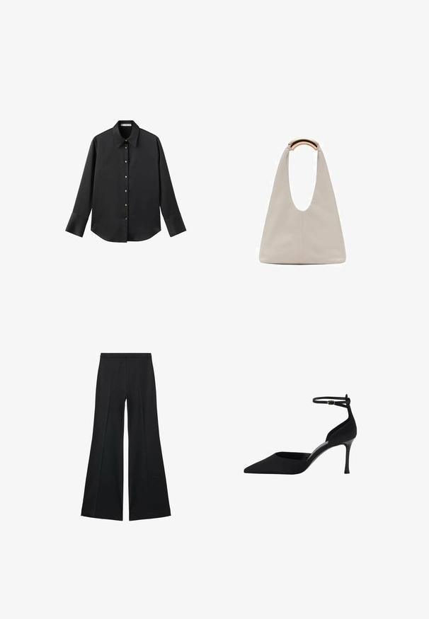 Zwarte lange mouwen shirt van gladde stof, met een klassieke kraag, een sluiting met knopen aan de voorkant met gouden knopen en brede manchetten.; Zwarte wijde-pijpen broek met een gladde textuur, gekenmerkt door voorplooien en een op maat gemaakte uitstraling. De stof is lichtgewicht en vloeiend.; Zwarte hoge hakken met spitse neus, een slanke hak, open achterkant en enkelriem. Gemaakt van glad materiaal met een strakke vormgeving.; Lichtgrijze leren tas met een U-vormig ontwerp en een gebogen metalen handvat. Glad oppervlak met minimale stiksels en geen zichtbare patronen.