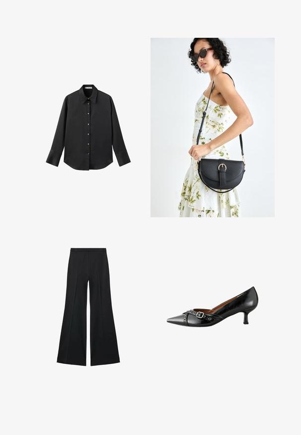 Black long-sleeve shirt in smooth fabric, featuring a classic collar, front button closure with gold-tone buttons, and wide cuffs.; Black wide-leg pants with a smooth texture, featuring front pleats and a tailored design. The fabric is lightweight and flowy.; Black leather pump with pointed toe, curved heel, and decorative buckle. Features a smooth texture and contrasting strap with metallic accents.; Black leather handbag with a curved shape, detachable strap, and gold hardware. The bag features a flap with a buckle detail.