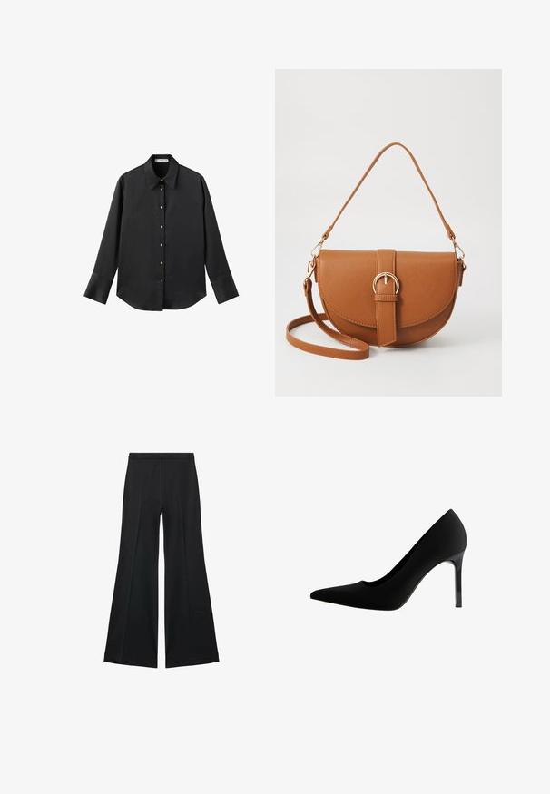 Črna majica z dolgimi rokavi iz gladkega materiala, z klasičnim ovratnikom, sprednjim zapiranjem na gumbe z zlatimi gumbi in širokimi manšetami.; Črne široke hlače z gladko teksturo, ki imajo sprednje nabore in kroj po meri. Tkanina je lahka in zračna.; Črne visokotlačne čevlje z ozkim nosom, gladkim mat materialom, vitkim stiletto petami in diskretno izrezano obliko na loku.; Rjava usnjena torbica prek telesa s ukrivljeno obliko, zlate opreme in sponko. Ima odstranljiv naramni trak.