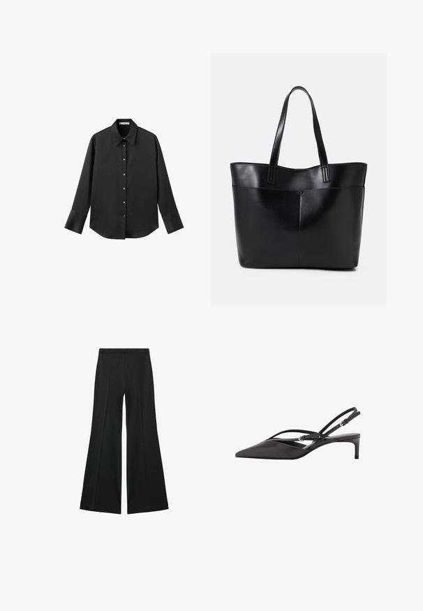 Black long-sleeve shirt in smooth fabric, featuring a classic collar, front button closure with gold-tone buttons, and wide cuffs.; Black wide-leg pants with a smooth texture, featuring front pleats and a tailored design. The fabric is lightweight and flowy.; Black leather slingback pump with a pointed toe, slender ankle straps, and a low stiletto heel. Smooth texture with minimalistic design.; Black leather tote bag with two long handles, a smooth texture, and a structured shape. Features a front pocket for additional storage.