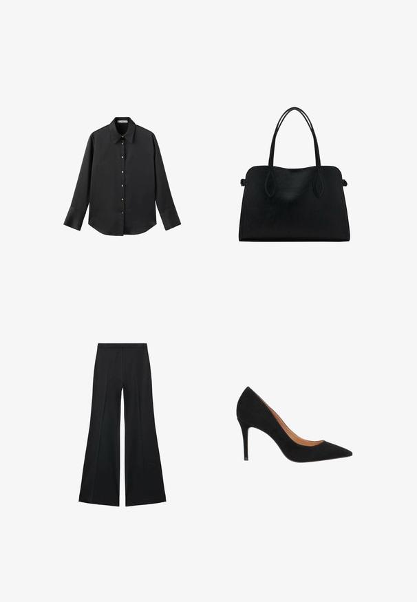 Črna majica z dolgimi rokavi iz gladkega materiala, z klasičnim ovratnikom, sprednjim zapiranjem na gumbe z zlatimi gumbi in širokimi manšetami.; Črne široke hlače z gladko teksturo, ki imajo sprednje nabore in kroj po meri. Tkanina je lahka in zračna.; Črne semiš visoke petke s koničastim nosom, elegantno oblikovanje in stiletto peta. Ima gladek notranji podplat.; Črna usnjena torbica z dvema naramnima trakoma, pravokotne oblike in minimalističnim dizajnom na beli podlagi.