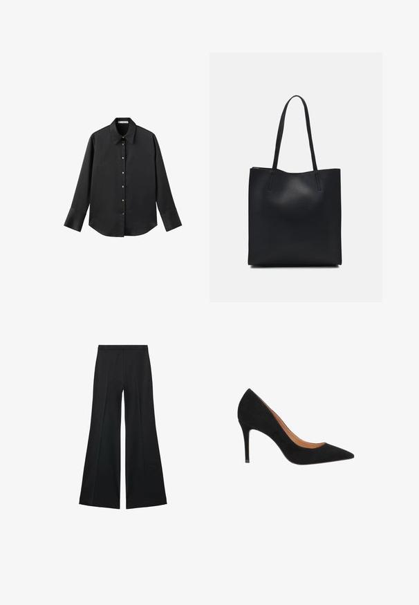 Čierna dlhá rukávová košeľa z hladkého materiálu, s klasickým golierom, predným zapínaním na gombíky so zlatými gombíkmi a širokými manžetami.; Čierne široké nohavice s hladkou textúrou, s prednými záhybmi a elegantným strihom. Materiál je ľahký a pruhlý.; Čierne semišové lodičky na vysokom opätku s špicatou špičkou, elegantným dizajnom a stiletto opätkom. Má hladké vnútorné vystlanie.; Čierna kožená taška na rameno s hladkým povrchom, obdĺžnikovým tvarom a dvoma dlhými uchami. Bez viditeľného kovania alebo ozdôb.