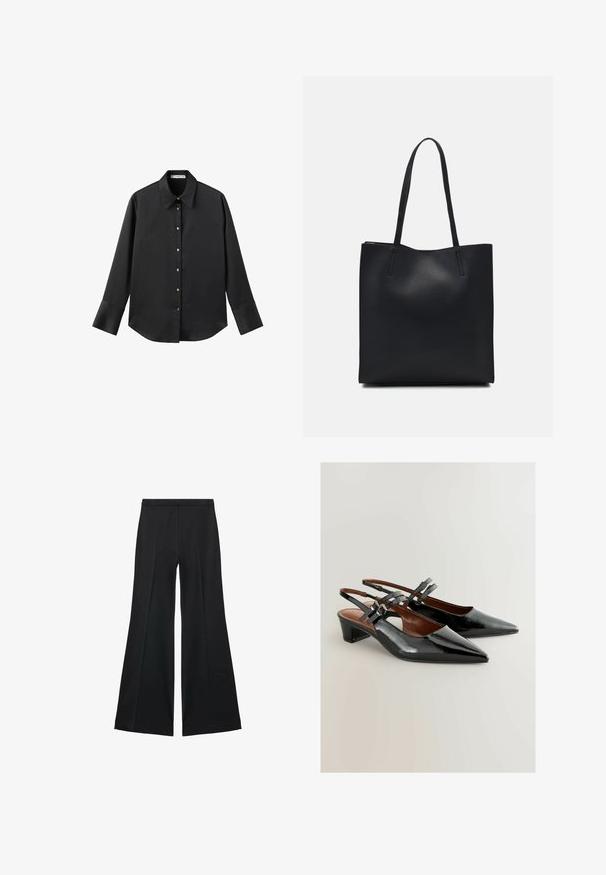 Zwarte lange mouwen shirt van gladde stof, met een klassieke kraag, een sluiting met knopen aan de voorkant met gouden knopen en brede manchetten.; Zwarte wijde-pijpen broek met een gladde textuur, gekenmerkt door voorplooien en een op maat gemaakte uitstraling. De stof is lichtgewicht en vloeiend.; Zwarte gepatineerde leren slingback schoenen met een spitse neus, middelhoge hak en decoratieve gespbanden. Gladde textuur met een verfijnd design.; Zwarte leren handtas met een gladde textuur, rechthoekige vorm en twee lange handvaten. Geen zichtbare hardware of versieringen.
