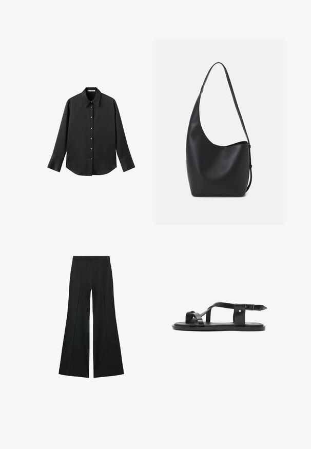 Zwarte lange mouwen shirt van gladde stof, met een klassieke kraag, een sluiting met knopen aan de voorkant met gouden knopen en brede manchetten.; Zwarte wijde-pijpen broek met een gladde textuur, gekenmerkt door voorplooien en een op maat gemaakte uitstraling. De stof is lichtgewicht en vloeiend.; Zwarte leren sandaal met kruislingse banden, open teen ontwerp en een verstelbare enkelband met een gesp. Vlakke zool en minimalistische stijl.; Zwarte leren hobo tas met een gladde textuur, kromme vorm en een enkele verstelbare schouderband; heeft een brede opening aan de bovenkant.