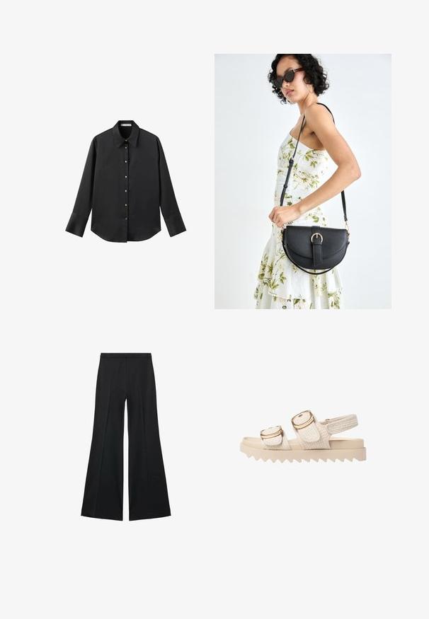 Sort langærmet skjorte i glat stof, med klassisk krave, frontlukning med guldtonede knapper og brede manchetter.; Sorte brede bukser med en glat tekstur, der har fremadrettede folder og en skræddersyet design. Stofferne er lette og flerdimensionelle.; Lys beige sandaler med strukturerede stofremme og hardware i guldfarve. Chunky sålen har zigzag mønster for ekstra greb og stabilitet.; Sort læderhåndtaske med en buet form, aftagelig rem og guldfinish. Tasken har en klap med en spænde detalje.