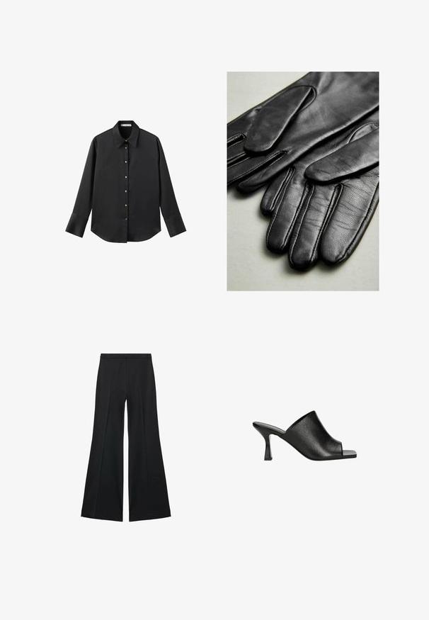 Chemise noire à manches longues en tissu lisse, dotée d'un col classique, d'une fermeture à boutons sur le devant avec des boutons dorés, et de larges poignets.; Pantalons larges noirs avec une texture lisse, présentant des plis sur le devant et un design ajusté. Le tissu est léger et fluide.; Mules ouverts en cuir noir au design épuré, avec une texture subtile et un talon bloc effilé pour plus de stabilité.; Gants en cuir noir au toucher lisse, dotés de coutures le long des doigts et d'un design ajusté. Matériau doux et souple pour le confort.