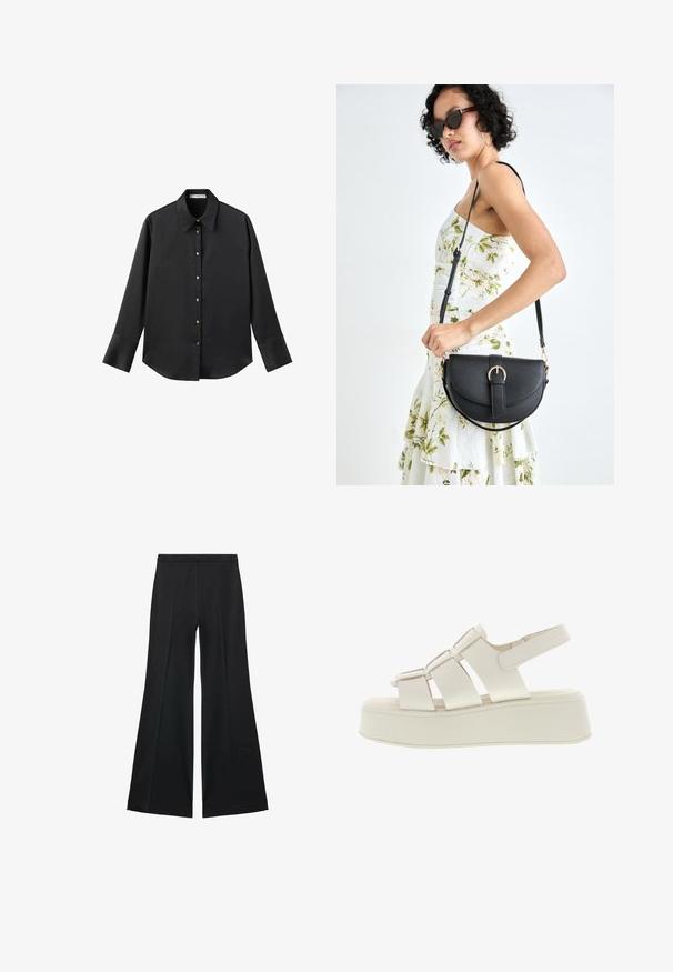 Čierna dlhá rukávová košeľa z hladkého materiálu, s klasickým golierom, predným zapínaním na gombíky so zlatými gombíkmi a širokými manžetami.; Čierne široké nohavice s hladkou textúrou, s prednými záhybmi a elegantným strihom. Materiál je ľahký a pruhlý.; Vagabond COURTNEY PLATEAU FISHERMAN - Sandále na platforme - beige; Čierna kožená kabelka s zaobleným tvarom, odnímateľným popruhom a zlatými doplnkami. Kabelka má klopu s detailom s prackou.