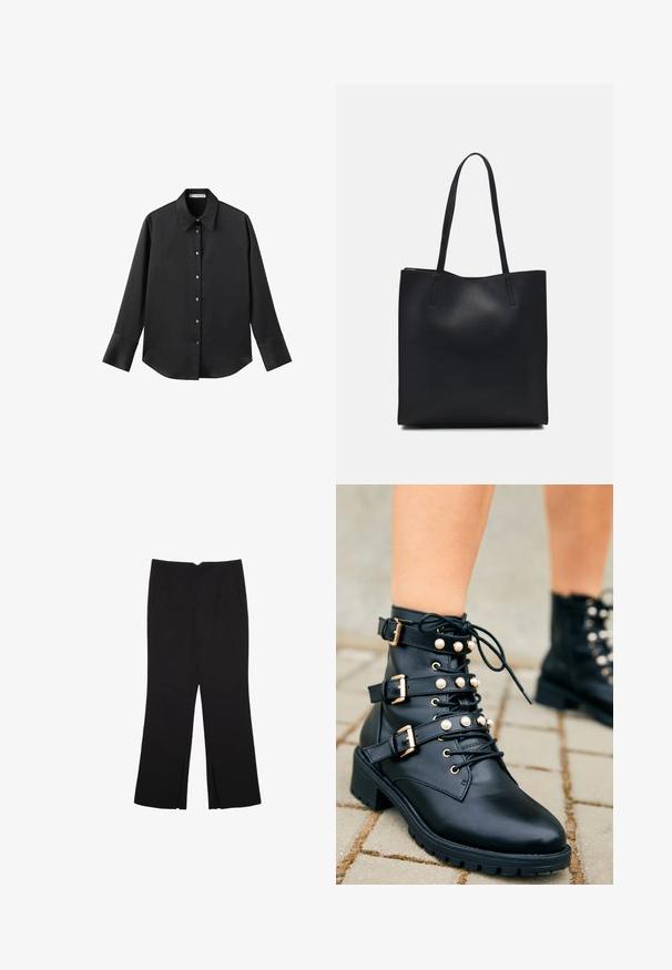 Črna majica z dolgimi rokavi iz gladkega materiala, z klasičnim ovratnikom, sprednjim zapiranjem na gumbe z zlatimi gumbi in širokimi manšetami.; Črne hlače ravnega kroja z naglavnimi žepi in stranskimi razporki na robu. Narejene iz mehke, gladke tkanine. Primerne za različne priložnosti.; Črne usnjene gležnjarje z zlatim okrasjem, tremi nastavljivimi trakovi in bisernimi detajli. Podplat z zarezami za boljši oprijem.; Črna usnjena torba s svilnato teksturo, pravokotne oblike in dvema dolgima ročajema. Brez vidnih metalnih delov ali okrasnih elementov.