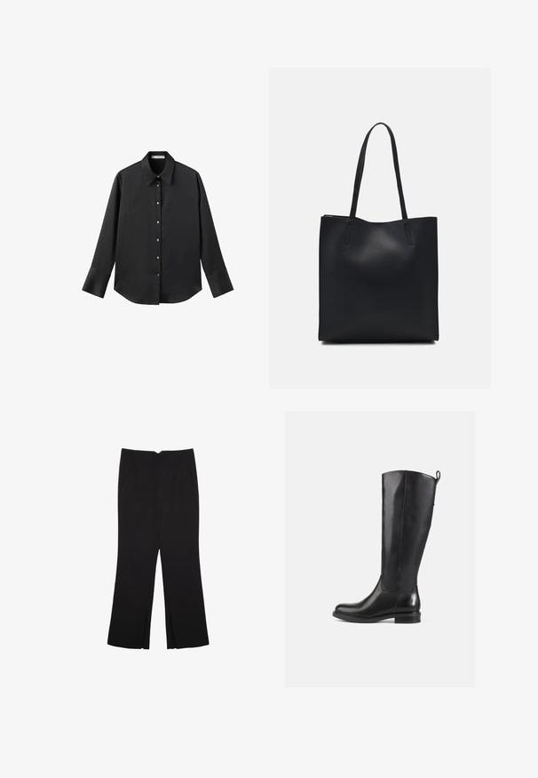 Černá dlouhá rukávová košile z hladkého materiálu, s klasickým límečkem, předním zapínáním na knoflíky ve zlatém tónu a širokými manžetami.; Černé kalhoty s rovným střihem, s předními kapsami a bočními rozparky na lemu. Vyrobené z jemné, hladké tkaniny. Vhodné na různé příležitosti.; Černé kožené boty po kolena s hladkým povrchem, zaoblenou špičkou, nízkým podpatkem a poutkem na zadní straně. Minimalistický design bez viditelných vzorů.; Černá kožená taška přes rameno s hladkým povrchem, obdélníkovým tvarem a dvěma dlouhými uchy. Žádné viditelné kování ani ozdoby.