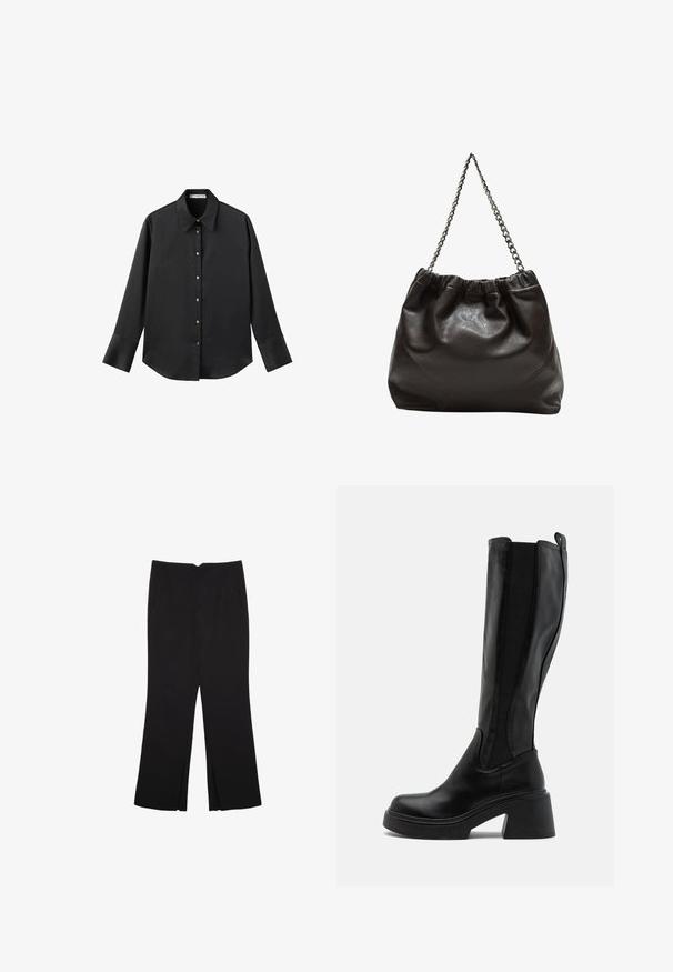 Čierna dlhá rukávová košeľa z hladkého materiálu, s klasickým golierom, predným zapínaním na gombíky so zlatými gombíkmi a širokými manžetami.; Čierne nohavice so strihom rovného strihu, s prednými vreckami a bočnými rozparkami na leme. Vyrobené z mäkkej, hladkej tkaniny. Vhodné na rôzne príležitosti.; Čierne topánky po kolená s hladkým koženým povrchom, elastickými bočnými panelmi a robustným, vrstveným podpätkom. Minimalistický dizajn bez vzorov.; Hnedá kožená taška so zberaným vrchom a reťazovým popruhom. Hladký povrch s lesklým finišom a jemným švom po stranách.