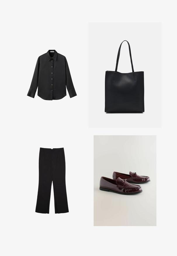 Crna košulja dugih rukava od glatkog materijala, s klasičnim ovratnikom, prednjim kopčanjem na dugmad u boji zlatne i širokim manžetnama.; Crne hlače ravnog kroja, s prednjim džepovima i bočnim prorezima na rubu. Izrađene od mekog i glatkog materijala. Pogodne za razne prigode.; Bordo lakirani loaferi s okruglim nosom, ukrasnom trakom i suptilnim detaljima šivanja. Crna gumena potplata.; Crna kožna torba za nošenje s glatkom teksturom, pravokutnim oblikom i dvije duge ručke. Nema vidljivih metalnih dijelova ili ukrasa.