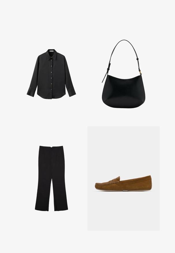 Čierna dlhá rukávová košeľa z hladkého materiálu, s klasickým golierom, predným zapínaním na gombíky so zlatými gombíkmi a širokými manžetami.; Čierne nohavice so strihom rovného strihu, s prednými vreckami a bočnými rozparkami na leme. Vyrobené z mäkkej, hladkej tkaniny. Vhodné na rôzne príležitosti.; Hnedé semišové mokasíny so šitým švom, plochou podrážkou a zaoblenou špičkou. Jednoduchý dizajn so malou dekoratívnou páskou naprieč prednou časťou.; Čierna kožená kabelka na rameno s hladkou textúrou, zakriveným tvarom a nastaviteľným popruhom. Obsahuje minimálne švy a jednoduchý dizajn.