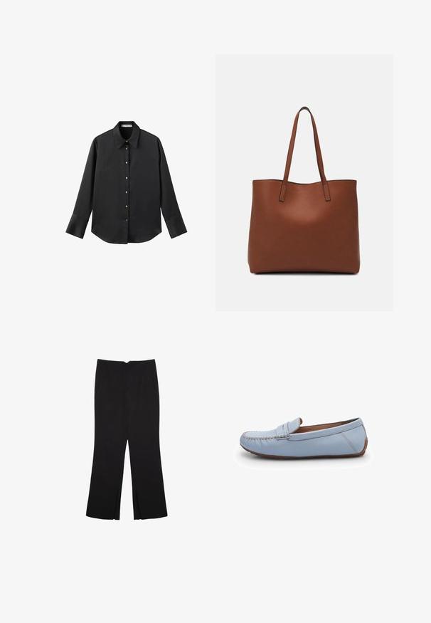 Schwarz langärmliges Hemd aus glattem Stoff, mit klassischem Kragen, frontaler Knopfleiste mit goldfarbenen Knöpfen und breiten Manschetten.; Schwarze Hose mit geradem Schnitt, ausgestattet mit Fronttaschen und Seitenschlitzen am Saum. Hergestellt aus weichem, glattem Stoff. Geeignet für verschiedene Anlässe.; Himmelblaue Lederloafer mit gestickten Details, runder Zehenform und glatter Oberfläche. Gummisohle mit einem flachen Design.; Braune Leder-Tote mit glatter Textur, offenem Oberteil und zwei Schulterriemen. Verfügt über minimale Nähte und keine sichtbaren Beschläge.