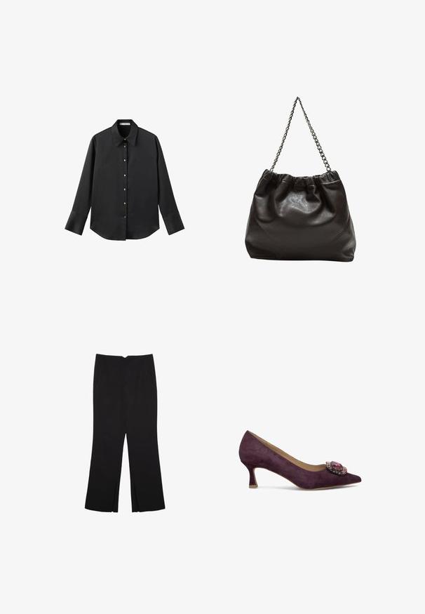 Czarna koszula z długim rękawem z gładkiego materiału, z klasycznym kołnierzykiem, zapięciem na guziki z przodu w złotym odcieniu oraz szerokimi mankietami.; Czarne spodnie o prostym kroju, z przednimi kieszeniami i bocznymi rozcięciami na dole. Wykonane z miękkiego, gładkiego materiału. Odpowiednie na różne okazje.; Fioletowa zamszowa szpilka z wąskim noskiem i ozdobnym kryształowym akcentem na cholewce. Posiada niski, rozszerzający się obcas zapewniający stabilność.; Brązowa skórzana torba z marszczonym szczytem i łańcuszkowym paskiem. Gładka tekstura z błyszczącym wykończeniem i subtelnymi detalami szwów po bokach.