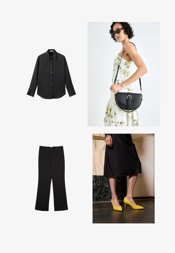 Czarna koszula z długim rękawem z gładkiego materiału, z klasycznym kołnierzykiem, zapięciem na guziki z przodu w złotym odcieniu oraz szerokimi mankietami.; Czarne spodnie o prostym kroju, z przednimi kieszeniami i bocznymi rozcięciami na dole. Wykonane z miękkiego, gładkiego materiału. Odpowiednie na różne okazje.; Żółte lakierowane szpilki z ostrymi noskami i cienkimi obcasami stiletto, umieszczone na ciemnym kamiennym podłożu, na tle jasnej ściany.; Czarna skórzana torebka o zakrzywionym kształcie, z odpinanym paskiem i złotymi akcentami. Torebka posiada klapę z zapięciem w kształcie klamry.