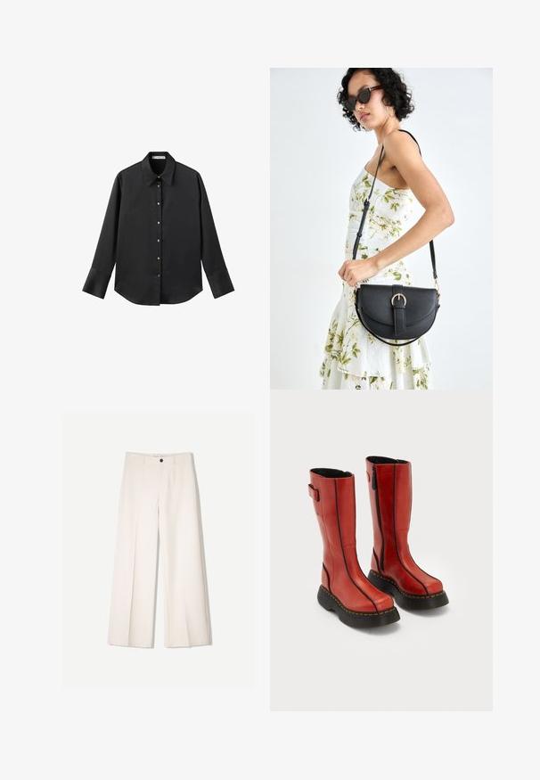 Schwarz langärmliges Hemd aus glattem Stoff, mit klassischem Kragen, frontaler Knopfleiste mit goldfarbenen Knöpfen und breiten Manschetten.; Cremfarbene weitem Hosen mit maßgeschneidertem Design, ausgestattet mit zwei vorderen Taschen und einem vorderen Knopfverschluss, aus glattem Stoff gefertigt.; Hohe rote Lederstiefel mit schwarzen dicken Sohlen, seitlichen Reißverschlüssen und detaillierten schwarzen Nähten, nebeneinander stehend auf einem weißen Hintergrund.; Schwarze Lederhandtasche mit geschwungener Form, abnehmbarem Tragegurt und goldenen Beschlägen. Die Tasche verfügt über einen Deckel mit einer Schnallen-Details.