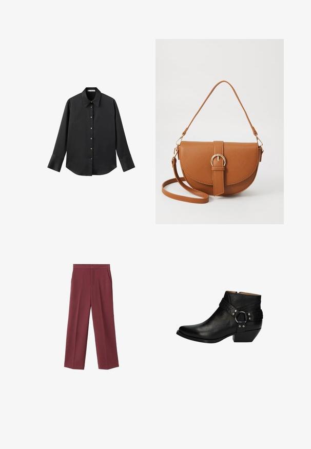 Czarna koszula z długim rękawem z gładkiego materiału, z klasycznym kołnierzykiem, zapięciem na guziki z przodu w złotym odcieniu oraz szerokimi mankietami.; Bordowe spodnie typu wide-leg o gładkiej teksturze, z bocznymi kieszeniami i wysokim stanem. Skrojone z wyraźnym zagięciem z przodu.; Czarne botki za kostkę z teksturowanej skóry, z spiczastym noskiem, srebrnymi detalami, plecionym paskiem oraz platformą.; Brązowa skórzana torba na ramię o zaokrąglonym kształcie, ze złotymi akcentami i zapięciem w formie klamry. Posiada odpinany pasek na ramię.