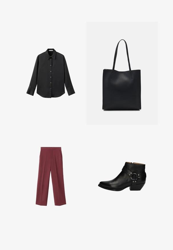 Czarna koszula z długim rękawem z gładkiego materiału, z klasycznym kołnierzykiem, zapięciem na guziki z przodu w złotym odcieniu oraz szerokimi mankietami.; Bordowe spodnie typu wide-leg o gładkiej teksturze, z bocznymi kieszeniami i wysokim stanem. Skrojone z wyraźnym zagięciem z przodu.; Czarne botki za kostkę z teksturowanej skóry, z spiczastym noskiem, srebrnymi detalami, plecionym paskiem oraz platformą.; Czarna skórzana torba tote o gładkiej fakturze, prostokątnym kształcie i dwóch długich uchwytach. Brak widocznych elementów metalowych i ozdób.