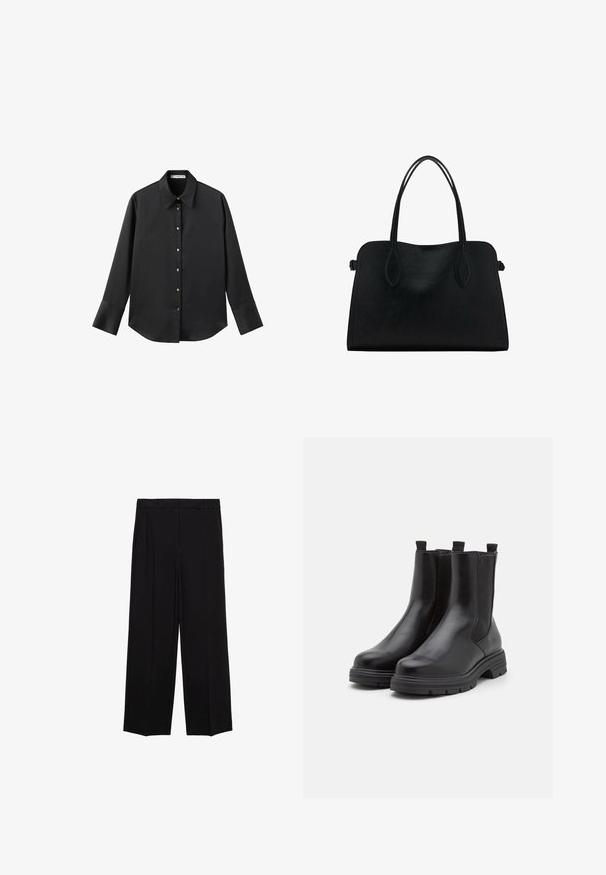 Maglietta nera a maniche lunghe in tessuto morbido, con colletto classico, chiusura frontale con bottoni dorati e polsini ampi.; Pantaloni neri a gamba larga in tessuto morbido, con pieghe nella parte frontale e tasche laterali, progettati con una linea dritta e comoda.; Stivali alla caviglia in pelle nera con pannelli laterali elastici, punta rotonda e suola in gomma spessa. Presentano linguette per facilitarne l'indossamento.; Borsa a mano in pelle nera con doppio manico, forma rettangolare e design minimalista su sfondo bianco.