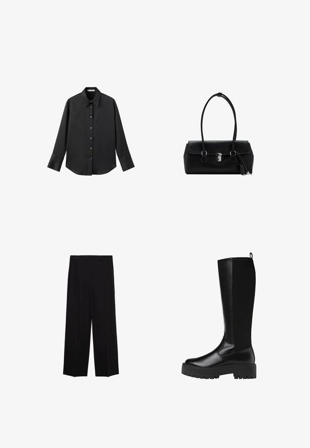 Črna majica z dolgimi rokavi iz gladkega materiala, z klasičnim ovratnikom, sprednjim zapiranjem na gumbe z zlatimi gumbi in širokimi manšetami.; Črne široke hlače iz gladkega materiala, z gubami spredaj in stranskimi žepi, zasnovane v ravnem, sproščenem kroju.; Črne sintetične škornje do kolen z gladko, teksturirano površino in debelim gumijastim podplatom. Imajo zanke na hrbtni strani za enostavno obuvanje.; Črna usnjena torbica z gladko teksturo, strukturirano zasnovo, dvema ročkama in s srebrnim sponko na sredini.