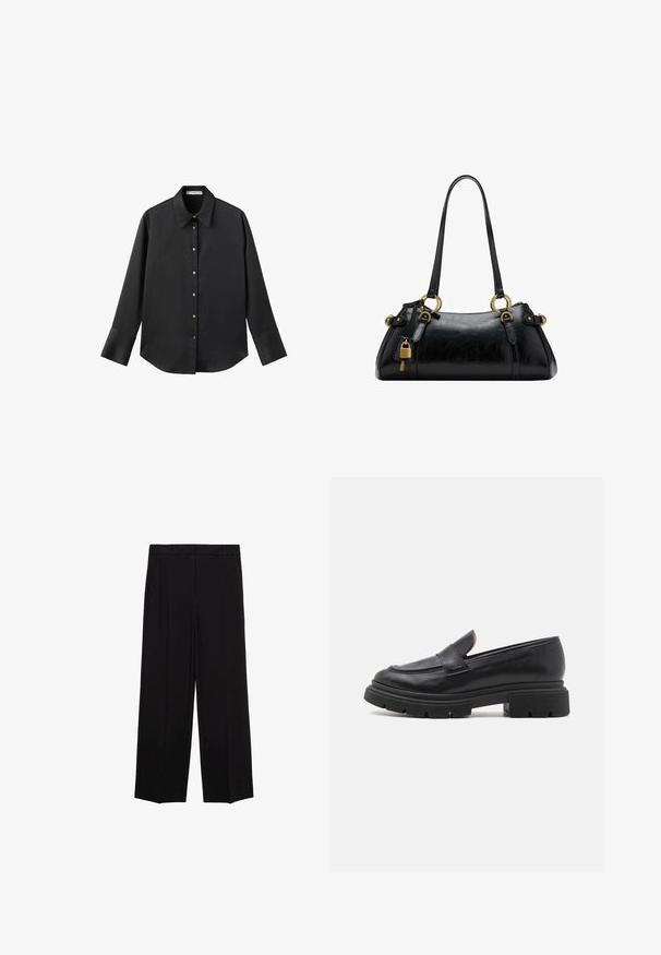 Maglietta nera a maniche lunghe in tessuto morbido, con colletto classico, chiusura frontale con bottoni dorati e polsini ampi.; Pantaloni neri a gamba larga in tessuto morbido, con pieghe nella parte frontale e tasche laterali, progettati con una linea dritta e comoda.; bStore Scarpe senza lacci - black shiny; Borsa a mano in pelle nera con una texture liscia, forma arrotondata, dettagli in hardware dorato e doppi manici. Presenta un lucchetto decorativo sul lato.