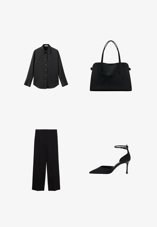 Čierna dlhá rukávová košeľa z hladkého materiálu, s klasickým golierom, predným zapínaním na gombíky so zlatými gombíkmi a širokými manžetami.; Čierne široké nohavice s hladkým materiálom, s plisovaním vpredu a bočnými vreckami, navrhnuté v rovnom a uvoľnenom strihu.; Čierna lodička s ostrou špičkou a tenkým opätkom, otvorenou zadnou časťou a remienkom na členku. Vyrobená z hladkého materiálu s elegantným dizajnom.; Čierna kožená kabelka s dvojitými popruhmi na rameno, obdĺžnikový tvar a minimalistický dizajn na bielom pozadí.