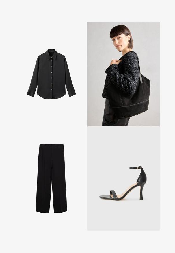 Cămașă neagră cu mâneci lungi dintr-un material neted, având un guler clasic, închidere frontală cu butoane aurii și manșete late.; Pantaloni negri cu croială largă dintr-un material neted, cu pliseuri în față și buzunare laterale, concepuți cu o croială dreaptă și relaxată.; Sandale negre din piele cu toc înalt, cu curea subțire la glezna, vârful deschis și un toc elegant, curbat. Talpă texturată și design minimal.; Geantă tote din suede negru, cu o textură netedă, formă structurată și cusături contrastante. Dispune de bretele lungi pentru purtare pe umăr.
