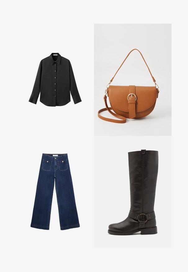 Črna majica z dolgimi rokavi iz gladkega materiala, z klasičnim ovratnikom, sprednjim zapiranjem na gumbe z zlatimi gumbi in širokimi manšetami.; Temno modri široki jeans iz denima, z dvema sprednjima žepoma s dekorativnimi gumbi in ravnim robom.; Bronx NEW-TOUGH - Škornji v kavbojskem/motorističnem slogu - coffee bean; Rjava usnjena torbica prek telesa s ukrivljeno obliko, zlate opreme in sponko. Ima odstranljiv naramni trak.