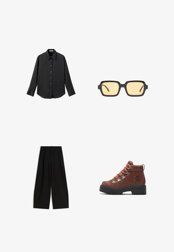 Černá dlouhá rukávová košile z hladkého materiálu, s klasickým límečkem, předním zapínáním na knoflíky ve zlatém tónu a širokými manžetami.; Černé kalhoty s širokými nohavicemi vyrobené z hladkého materiálu, s vysokým pasem, sklady vpředu a bez viditelných ozdob nebo vzorů.; Hnědé kožené turistické boty s oranžovými šňůrkami, kovovými oky a gumovou podrážkou. Vyznačují se texturovaným povrchem a logem na boku.; Černé obdélníkové sluneční brýle se žlutými skly, lehký rám a charakteristické tupé hrany na spáncích. Hladký, lesklý povrch.