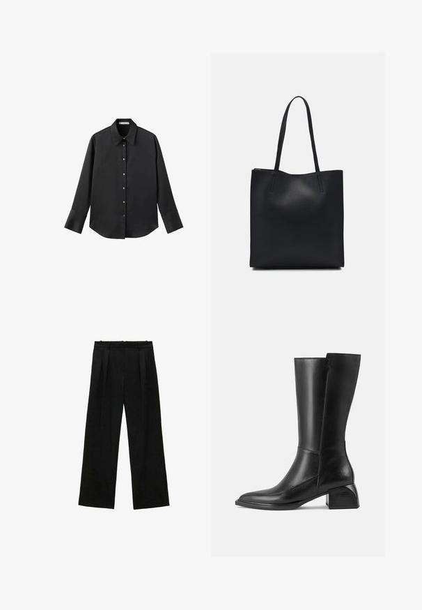 Černá dlouhá rukávová košile z hladkého materiálu, s klasickým límečkem, předním zapínáním na knoflíky ve zlatém tónu a širokými manžetami.; Černé široké kalhoty s plisováním, s hladkou texturou a vysokým pasem. Minimalistický styl, žádné viditelné kovové prvky nebo ozdoby.; Černá kožená vysoká bota po kolena se čtveratou špičkou, skromným blokovým podpatkem a minimálním švem, s hladkým, lesklým povrchem.; Černá kožená taška přes rameno s hladkým povrchem, obdélníkovým tvarem a dvěma dlouhými uchy. Žádné viditelné kování ani ozdoby.