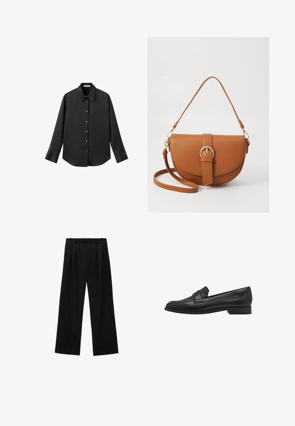 Cămașă neagră cu mâneci lungi dintr-un material neted, având un guler clasic, închidere frontală cu butoane aurii și manșete late.; Pantaloni negri cu picioare largi și pliseuri, având o textură netedă și un design cu talie înaltă. Stil minimalist, fără accesorii sau detalii vizibile.; Mocasini din piele neagră cu o textură netedă, vârf rotunjit și un detaliu mic sub forma unei curele ridicate. Prezintă un toc mic, robust.; Geantă din piele maro, tip crossbody, cu o formă curbată, accesorii aurii și un accent cu cataramă. Dispune de un curea de umăr detașabilă.