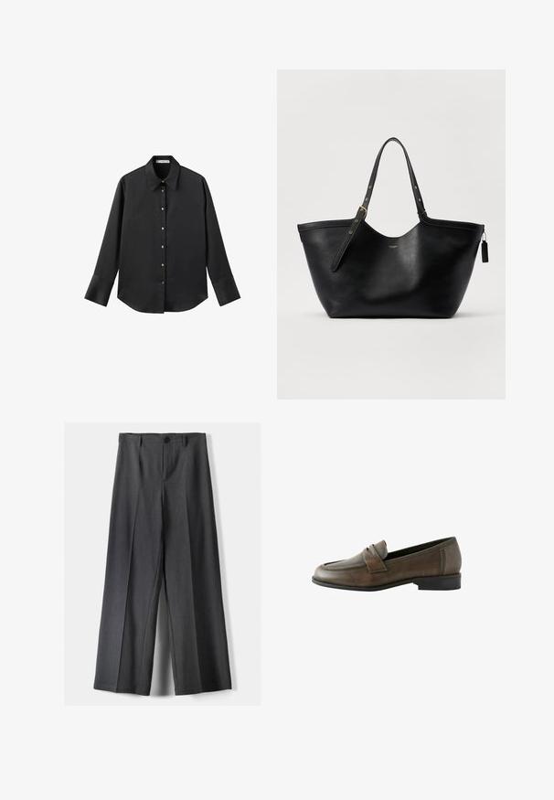 Maglietta nera a maniche lunghe in tessuto morbido, con colletto classico, chiusura frontale con bottoni dorati e polsini ampi.; Pantaloni a gamba larga in tessuto grigio scuro, dotati di chiusura con bottone, pieghe frontali e passanti per cintura. Texture liscia con un design su misura.; Mocassini in pelle marrone con punta rotonda, dettaglio della striscia frontale, design slip-on e tacco nero basso, caratterizzati da una texture liscia.; Borsa tote in pelle nera con una forma strutturata, doppio manico e dettagli in hardware dorato. Presenta una texture liscia e un'etichetta decorativa.