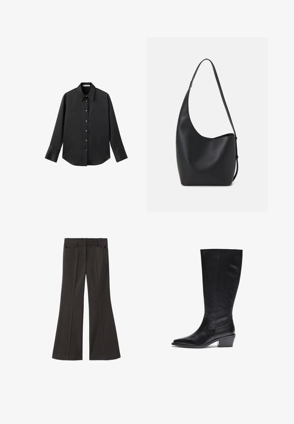 Zwarte lange mouwen shirt van gladde stof, met een klassieke kraag, een sluiting met knopen aan de voorkant met gouden knopen en brede manchetten.; Zwarte flared broek met een hoge taille; beschikt over twee voorkeurszakken en een gladde stoftextuur. Geschikt voor verschillende gelegenheden.; Zwarte leren kniehoge laarzen met een puntige neus, een gestructureerde afwerking en een taps toelopende blokhak. Naaddetails op de schacht.; Zwarte leren hobo tas met een gladde textuur, kromme vorm en een enkele verstelbare schouderband; heeft een brede opening aan de bovenkant.