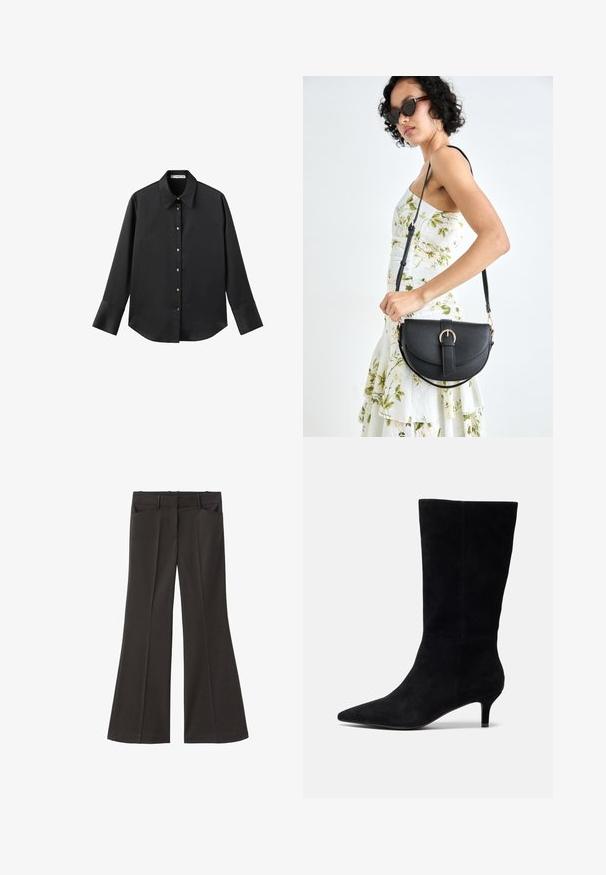 Crna košulja dugih rukava od glatkog materijala, s klasičnim ovratnikom, prednjim kopčanjem na dugmad u boji zlatne i širokim manžetnama.; Crne široke hlače s visokim strukom; sadrže dva prednja džepa i glatku teksturu materijala. Pogodne za razne prigode.; Crne nubuk čizme do članaka s šiljastim nosom, uskim potpeticama i glatkom teksturom, s prilagođenim siluetom i bez vidljivih metalnih dijelova.; Crna kožna torba s lukovitim oblikom, odvojivim remenom i zlatnim detaljima. Torba ima preklop s kopčom.